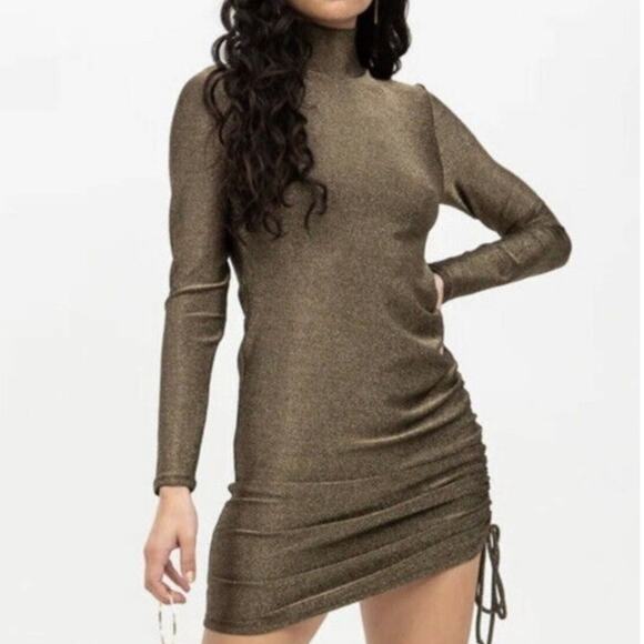 n:philanthropy Gold Metallic Demetra Mock Neck Asymmetric Long Sleeve Mini Dress - Picture 1 of 8
